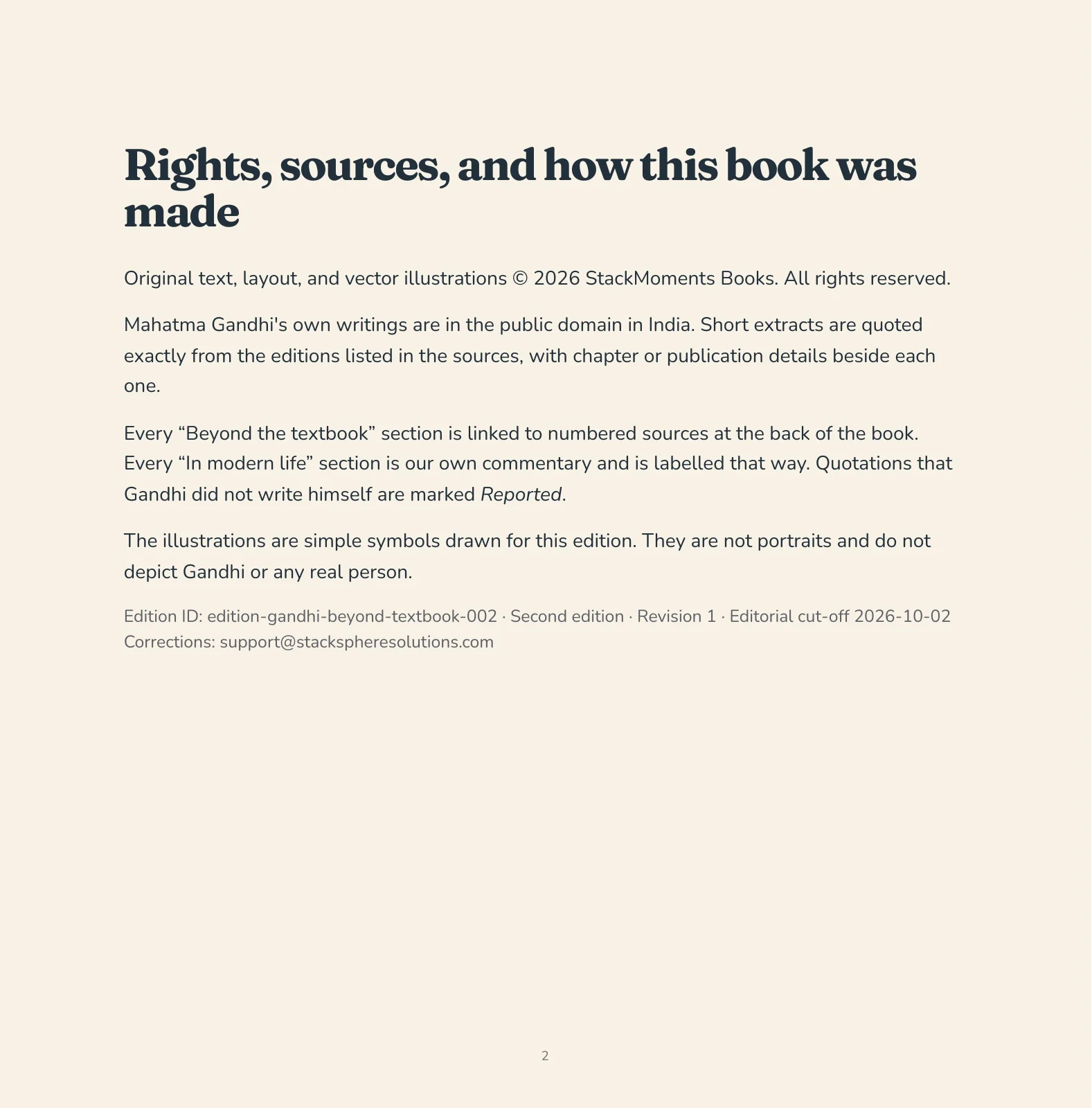 Preview of Rights, sources, and how this book was made. Page 2 of Gandhi Beyond the Textbook.