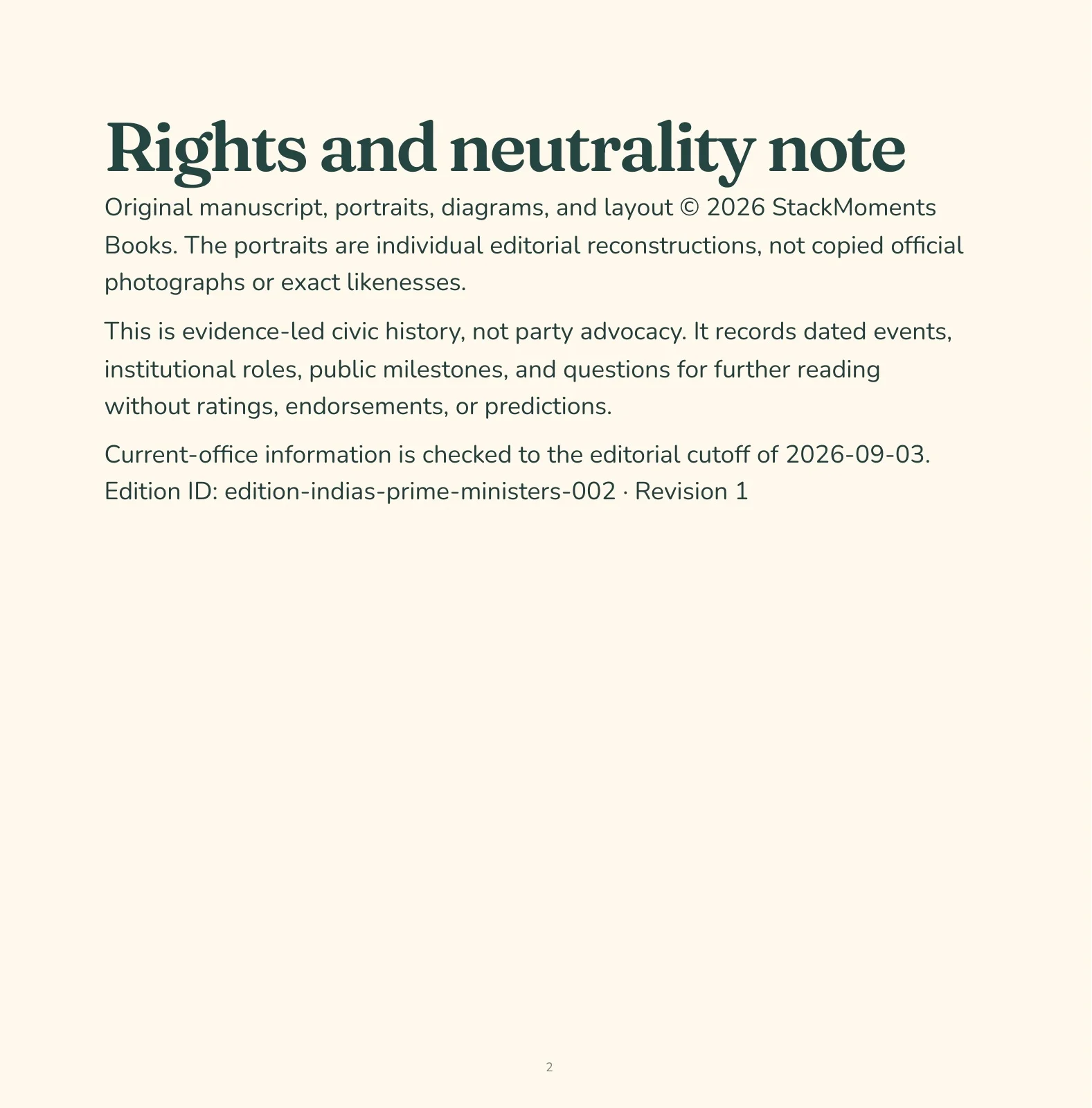 Preview of A rights and neutrality page in the book's parchment and teal visual language.